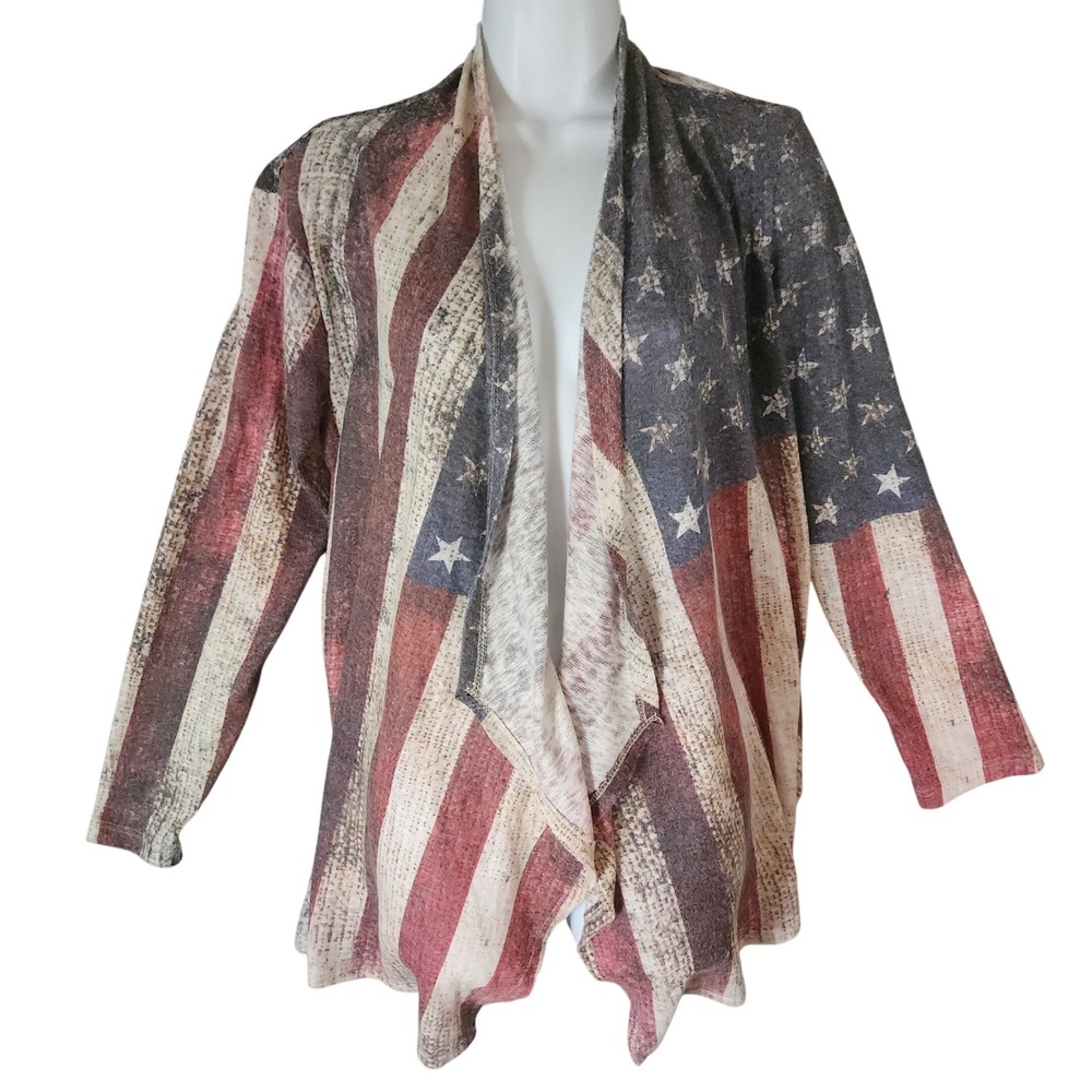 Vocal American Flag Distressed Open Front Honeycomb Knit Drape Cardigan Small